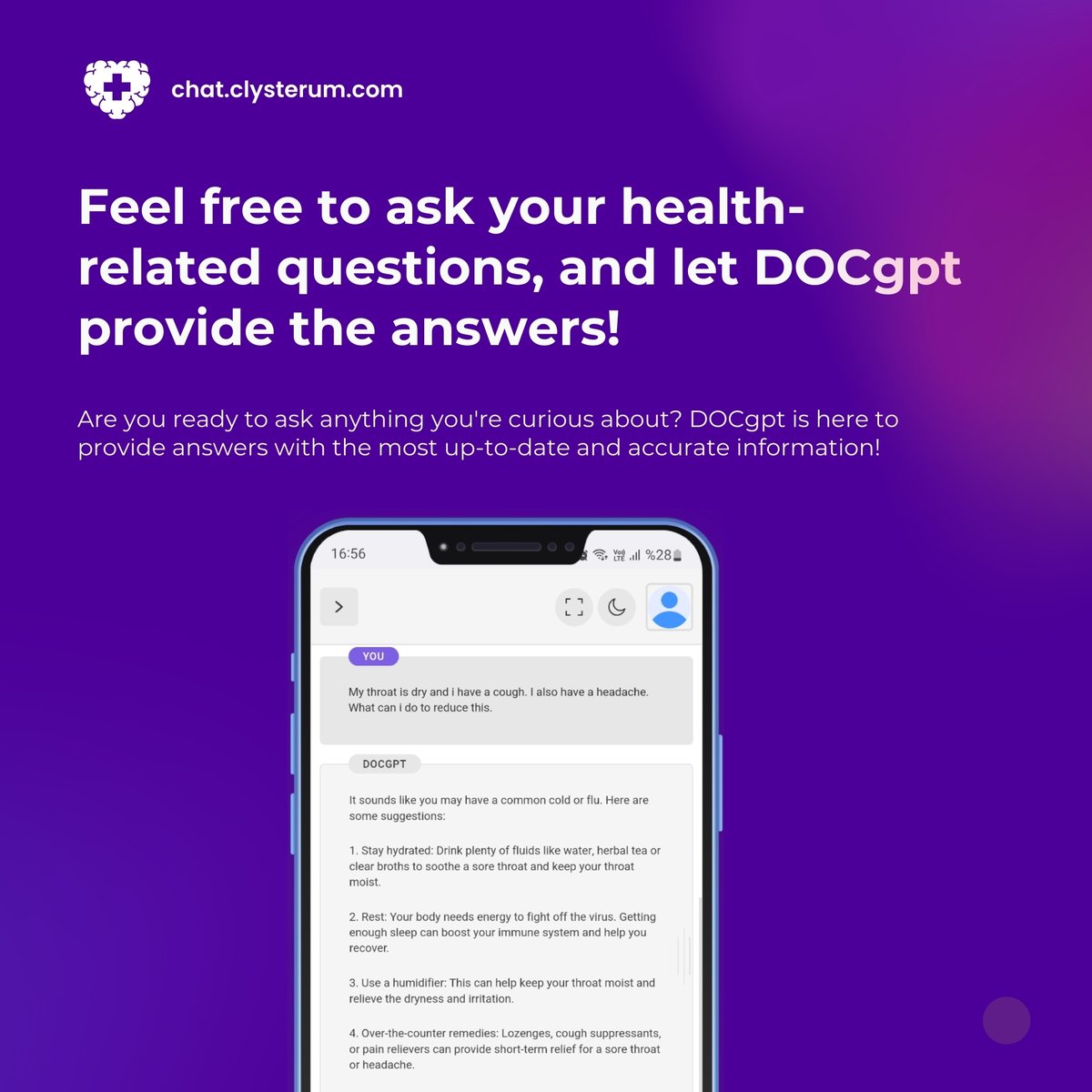 clysterum's tweet photo. Are you ready to ask anything you're curious about?
Are you ready to ask anything you're curious about? Whether it's about sore throat, headache, dietary recommendations, or general health, feel free to ask your questions to #DOCgpt. DOCgpt is here to respond with the most up-to-date and accurate information! 💬🩺
👉 Visit now https://t.co/O5bI3sbeol
.
#TakeAction #Clysterum #Bitcoin #Blockchain #CryptoCurrency #WalkandEarn #Airdrops #Airdrop #Crypto