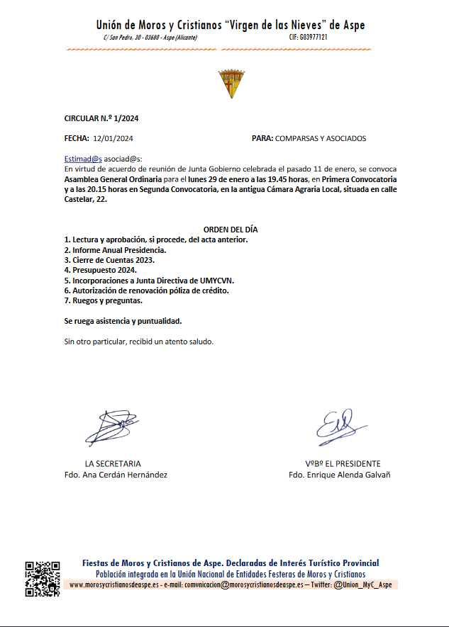 Union_MyC_Aspe's tweet photo. Convocadas las primeras Asambleas Generales Ordinaria y Extraordinaria de 2024 que tendrán lugar el lunes 29 de enero. https://t.co/yphKykmbOP