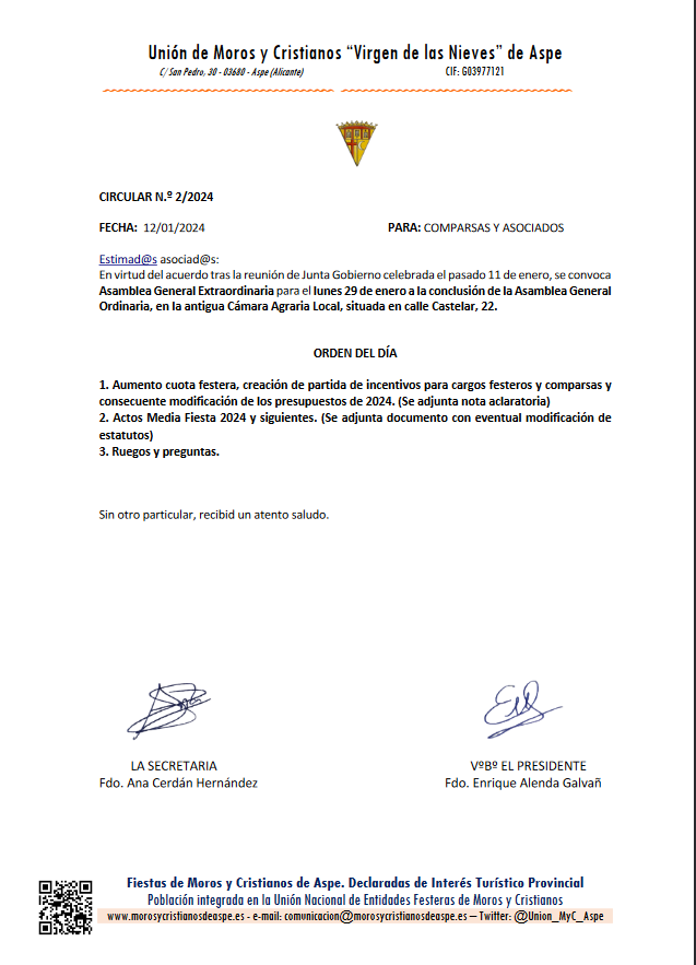 Union_MyC_Aspe's tweet photo. Convocadas las primeras Asambleas Generales Ordinaria y Extraordinaria de 2024 que tendrán lugar el lunes 29 de enero. https://t.co/yphKykmbOP