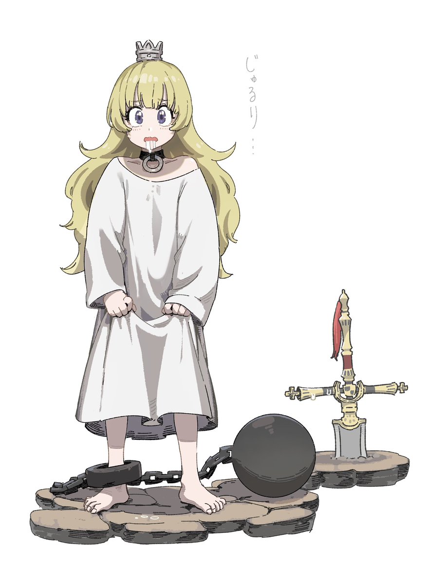 1girl blonde hair long hair solo barefoot ball and chain restraint crown  illustration images