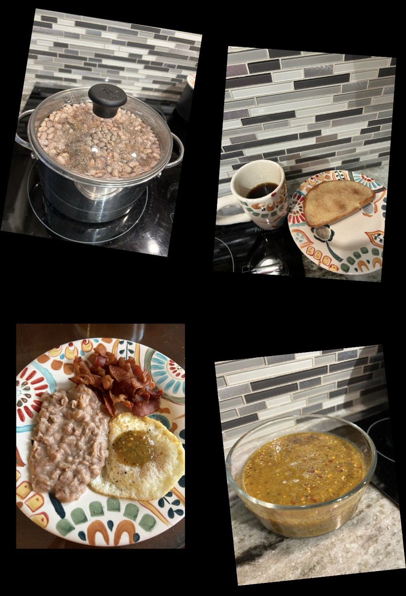 TFlo3422's tweet photo. @GloriaCampos Looks Delicious 😋 I started out with a pot of frijoles early this morning along with a roasted tomatillo & chile de árbol salsa to go along with our bacon n eggs. I made a poor man’s pan dulce with some toasted & buttered pan birote sprinkled with cinnamon & sugar. #DadChef 😉 https://t.co/VddDcPON9k