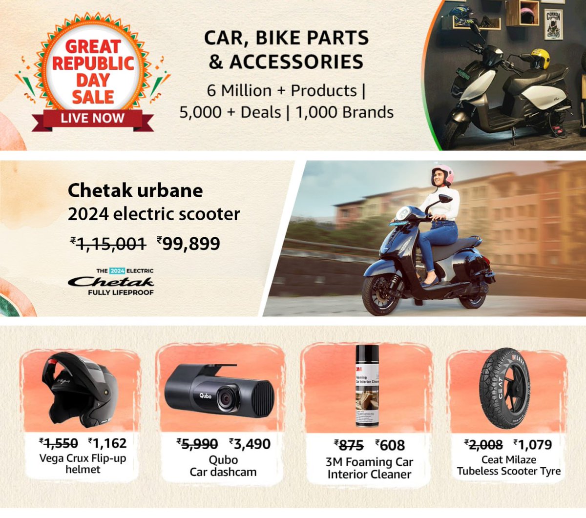 🇮🇳Great Republic Day Sale
Sale live now
Car, Bike Parts &amp; Accessories
-6 Million + Products 
-5,000 + Deals | 1,000 Brands Shop Now :- amzn.to/3HpRjdj