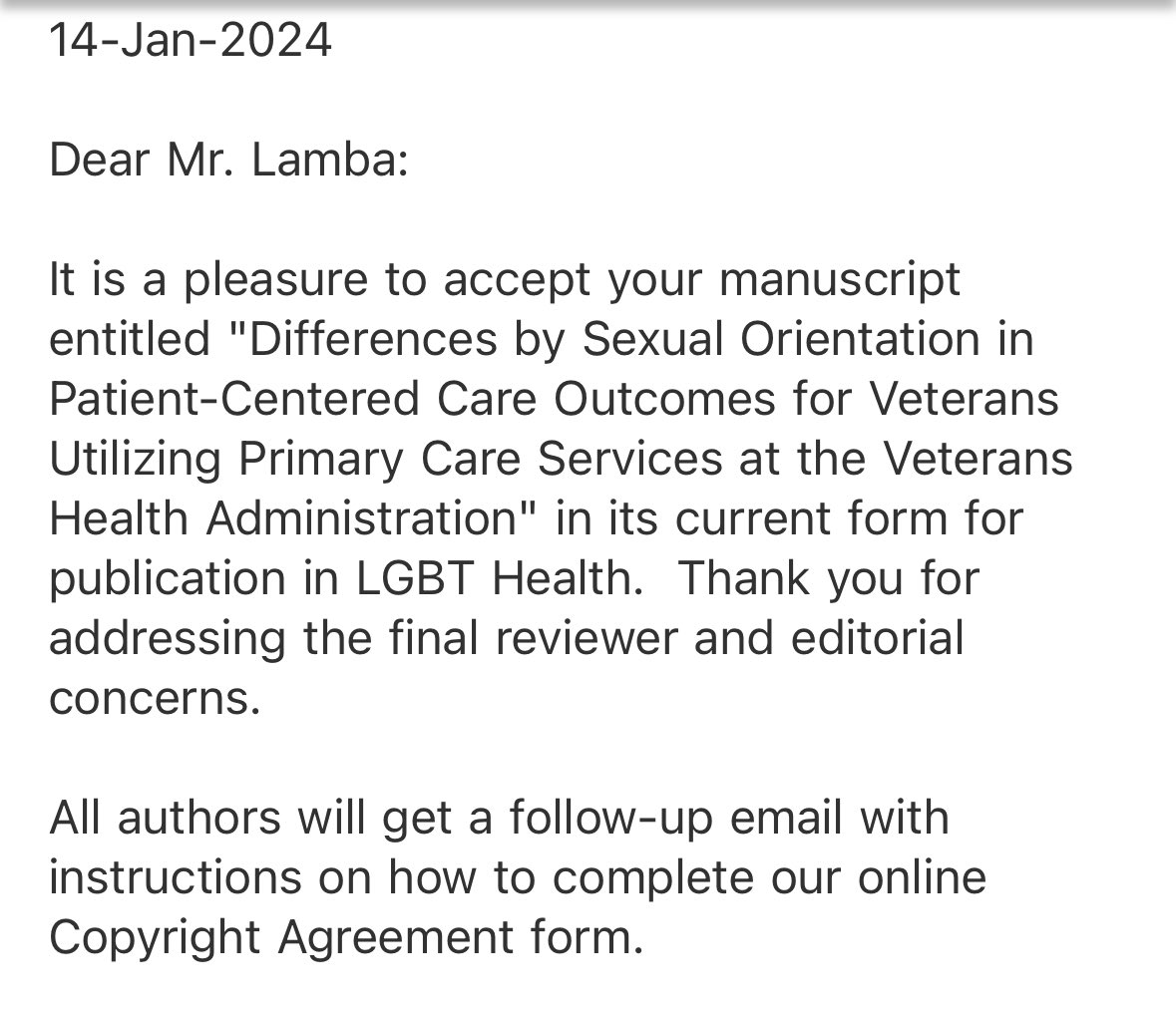 Yay!!! My master’s research is getting published!! Received this acceptance today!! I’m so proud of myself and thankful to my coauthors. Really excited to get this paper out in the world 
 regarding #PatientCenteredCare among #SexualMinority #Veterans