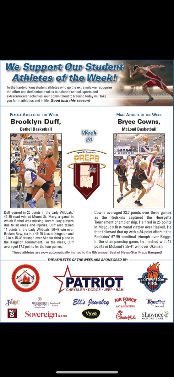 Over the past 2 weeks our guys <a href="/2Dorrianmatlock/">Dorrian Matlock</a> and <a href="/brycec_0/">Bryce Cowns</a> have been named Shawnee News Star players of the week! Couldn’t be more proud of these 2 guys! Also s/o to <a href="/cr8tonconley/">creightonconley2027</a> for the honor on the girls side! #TNT #GoRedskins