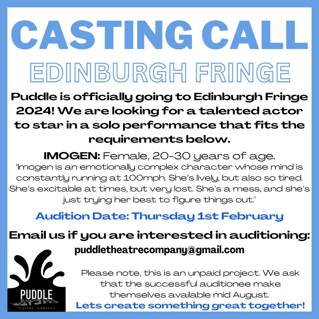 PuddleTheatre's tweet photo. CASTING CALL!

We are looking for a talented and dedicated actor to join us on our trip to Scotland this August

Please email us at puddletheatrecompany@gmail.com
Auditions are being held Thursday 1st February 2024

We cannot wait to hear from you! https://t.co/oQtCQt1PJH
