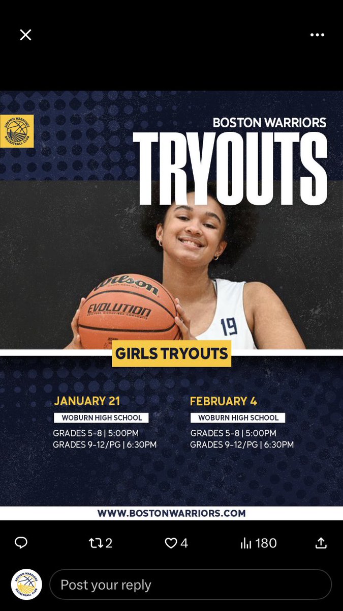 BostonWarriors_'s tweet photo. Lady Warriors Elite Girls Club spring tryouts start in 1 week, Sunday 1/21. 
Register TODAY and save on registration fee @ https://t.co/DH1hkliV3U. 2 dates 1/21 and 2/3. Need only attend 1 tryout @ZeroGravityBB ⁦@zg_newengland⁩ https://t.co/52XtWyTiwP