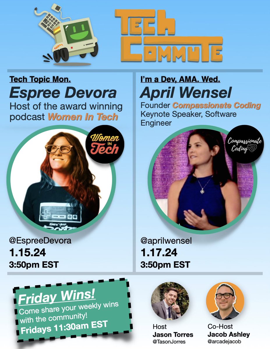 Our final full week before #techcommute finale week, and we have some amazing guests for you! 

first up the host of the award winning #podcast <a href="/WomenInTechShow/">Women in Tech Podcast</a> the amazing <a href="/EspreeDevora/">Espree Devora</a> comes through to talk all things podcasting. 

Set the reminder for Monday