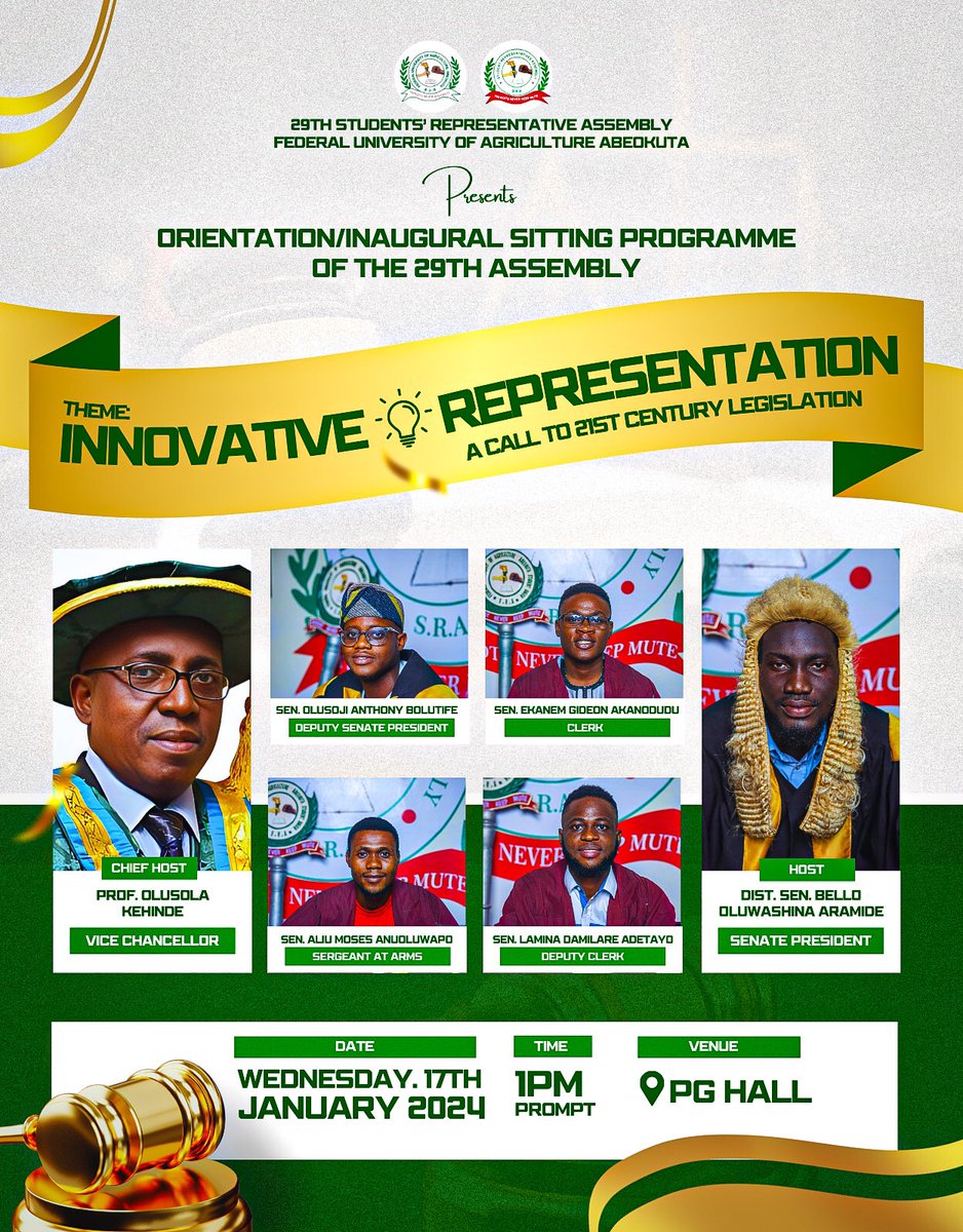 HIMACsInd's tweet image. @FUNAABSU_SRA Join us for the Orientation/Inaugural Sitting on 17th Jan 2024 at PG Hall, 1 pm sharp. Let's shape a progressive student union that mirrors our diverse voices as the 21st century legislation
#BEAPART #InnovativeRepresentation #29thSRA #21stCenturyLegislation