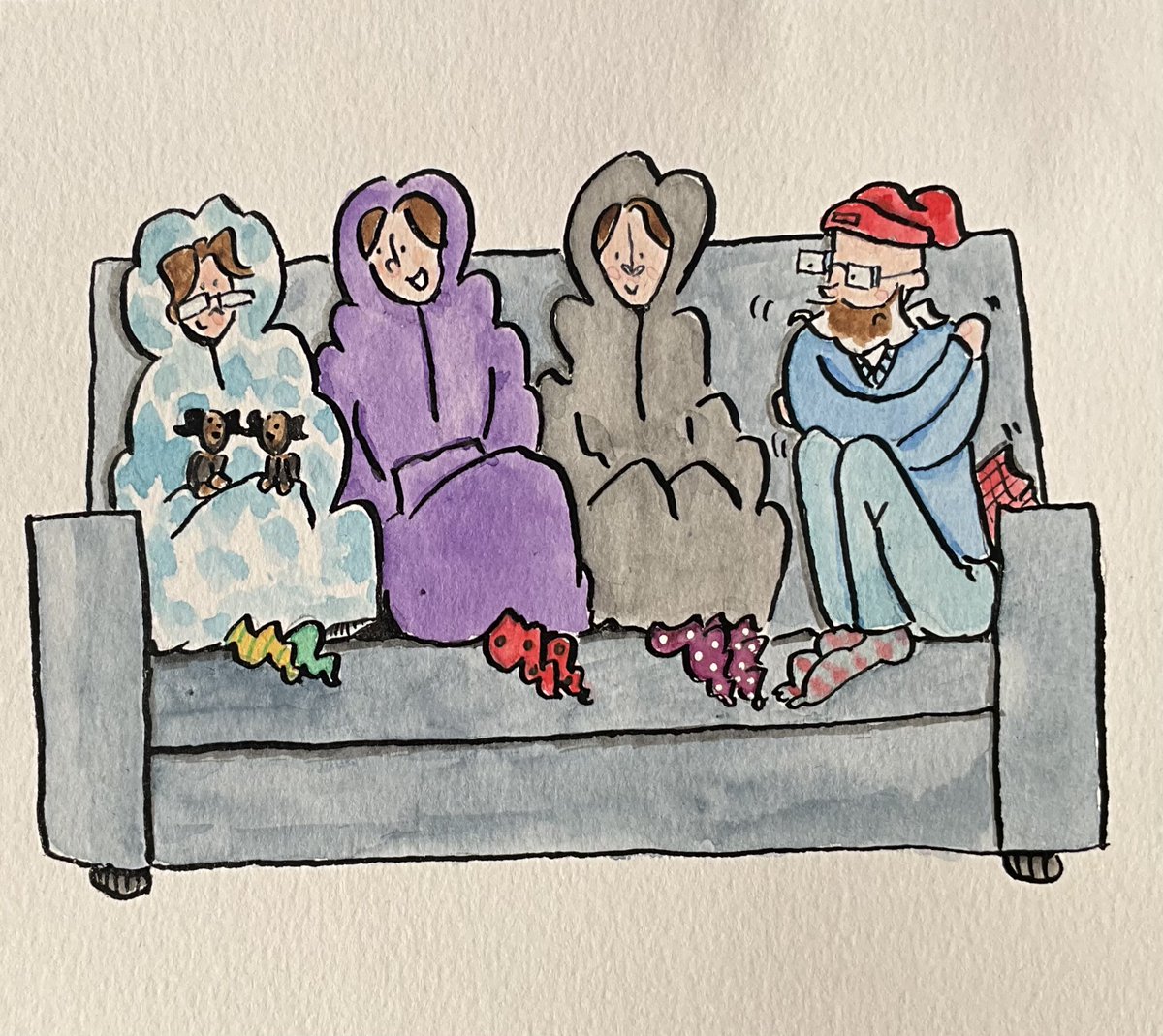 A snoodie for everyone but me… brrrr chatter chatter. #doodlediary #doodle #snoodie #oodies #watercolor #watercolour #oodie #kidlit #myfamily #ink #sketch #familylove #familylife #dadlife #illustration #comicdiary #warm #cold #kidlitart #kidlitillustration #fatherhood #childhood