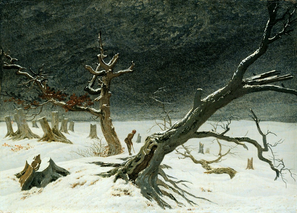 #GreatWinterPaintingsByOldMasters □Winter Landscape (1811) ☆CASPAR DAVID FRIEDRICH (1774-1840)▪︎The theme of this painting of a lonely wanderer among bare trees was set to music by Franz Schubert in his cycle Winter Journey▪︎🏛State Museum-SCHWERIN