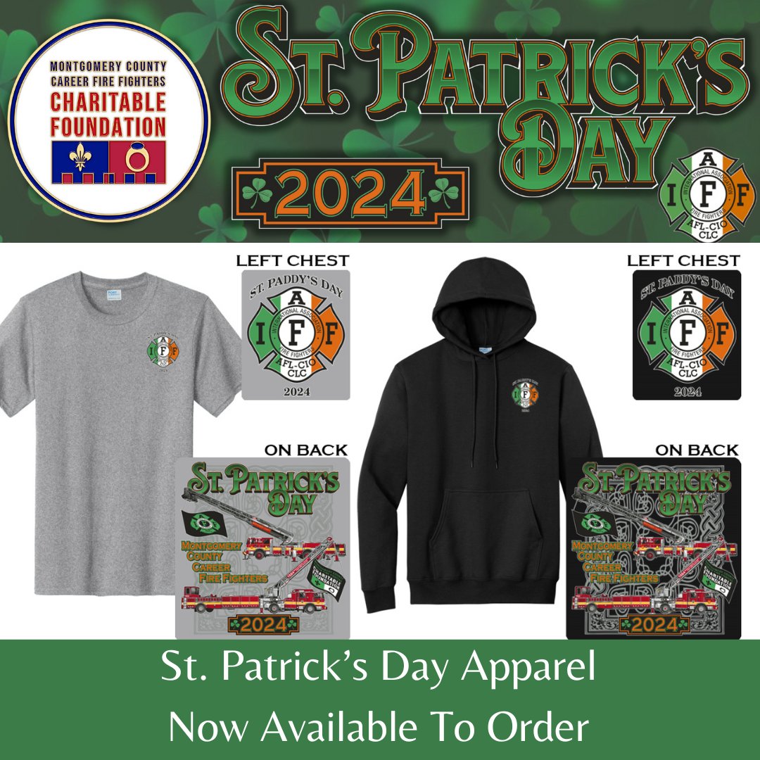 Mo Co Fire Fighters Charitable Foundation (@mocofirefndn) on Twitter photo 2024 St. Patrick's Day apparel is now available to order. All new design for 2024 featuring MoCo Fire trucks. T-shirts, sweatshirts & hoodies in black or grey. Proceeds help us fulfill our mission. Order yours today: stores.bjscustomcreations.com/mccffcf-2024-s…
<a href="/IAFFLocal1664/">IAFF Local 1664</a> 2024 St. Patrick's Day apparel is now available to order. All new design for 2024 featuring MoCo Fire trucks. T-shirts, sweatshirts & hoodies in black or grey. Proceeds help us fulfill our mission. Order yours today: stores.bjscustomcreations.com/mccffcf-2024-s…
<a href="/IAFFLocal1664/">IAFF Local 1664</a>