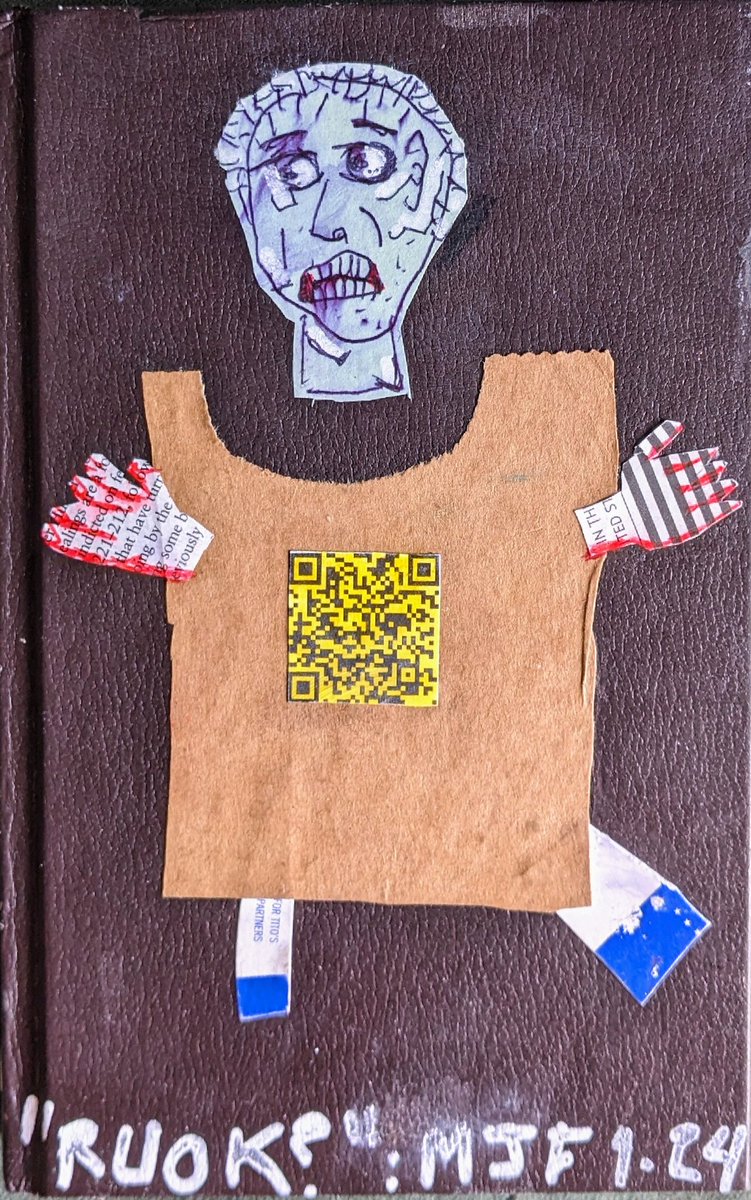 dumbeast's tweet photo. Collage
Mixed media with pen &amp; marker on 8.75 x 5.75x" book cover. 
#RUOK? https://t.co/2ISmKLj7Dj