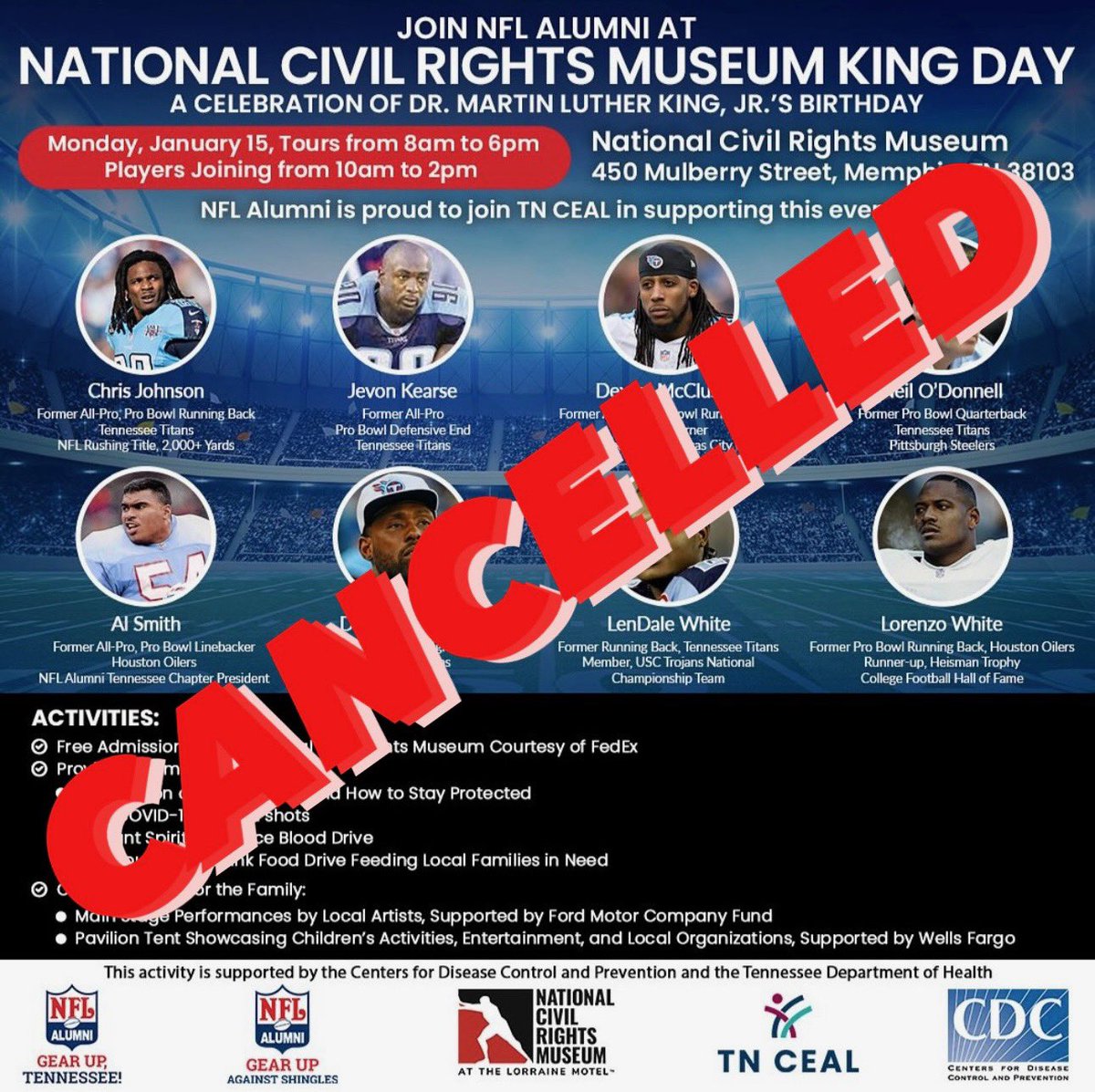 Due to inclement weather, the MLK Event for tomorrow has been cancelled. #GearUpTN #NFLATennessee