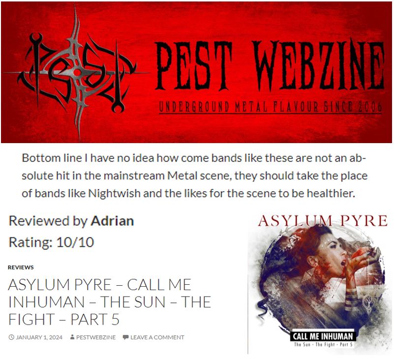 AsylumPyre's tweet image. 📷📷 FIGHTERS ! 📷📷
A few months after its release - our latest album "CALL ME INHUMAN" continues to receive reviews - and what reviews ! With another perfect 10/10
Thanks So Much Adrian @Pest Webzine !