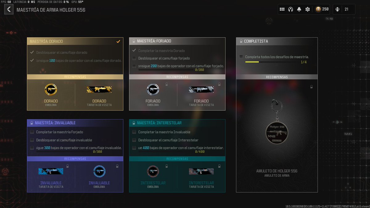 frankingpancho's tweet photo. Ya tengo todas las armas al maximo y he comenzado mi #roadtointerstellar, en este hilo llevare el registro de mi progreso de cada arma con su camuflaje y maestria correspondiente. Comenzando por la HOLDER 556 #MW3 https://t.co/bApsne7W2N