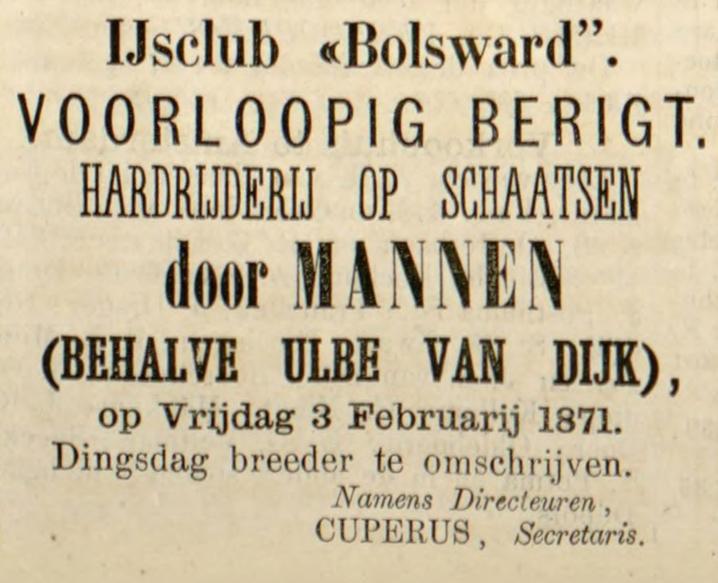 Tresoar's tweet photo. "Hardrijderij op schaatsen door mannen (behalve Ulbe van Dijk)" ⛸ Die tekst siert een advertentie met de aankondiging van een schaatswedstrijd in februari 1871. Wie is hij; deze Sven Kramer van de 19e eeuw? 

Je leest het hier 👉 https://t.co/KQCro1gZHR 
#10voor8 https://t.co/XD3YTk2lsa