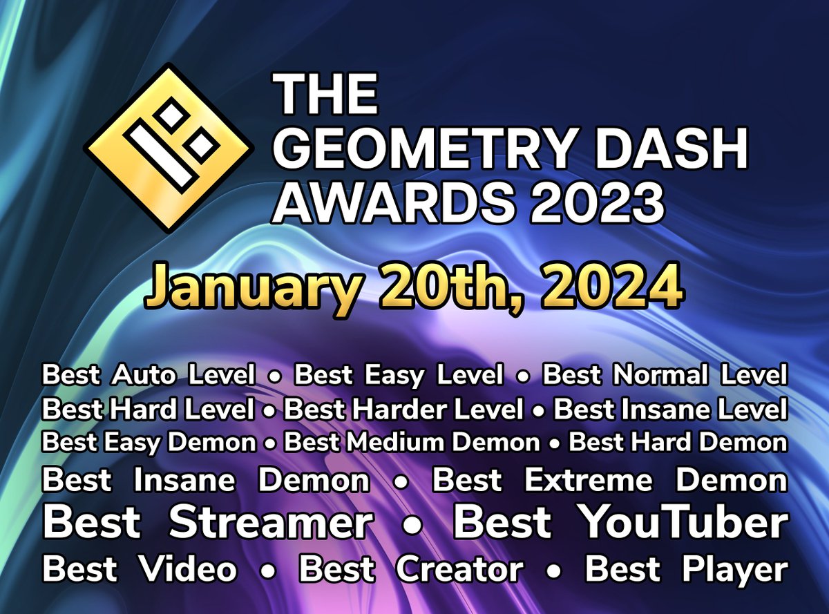 The nominees of The Geometry Dash Awards 2023 will be announced on January 20 at 4 pm EST. Stay tuned for the Premiere link!

/RubRub