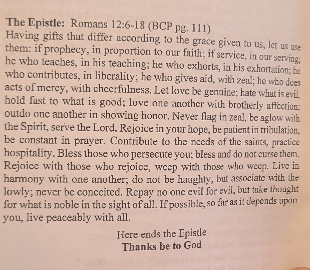 By far one of my favorite pieces of scripture.
#Faith
#SpreadTheGospel
#Anglican

'Bless those who persecute you, bless and do not curse them'

It's up to you within the bounds of the things that you can control, to live in peace with all.

Romans 12: 6-18