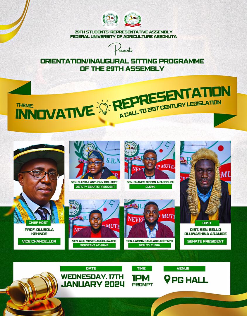 TheFunaabsuSRA's tweet image. Join us for the Orientation/Inaugural Sitting on 17th Jan 2024 at PG Hall, 1 pm sharp. Let's shape a progressive student union that mirrors our diverse voices as the 21st century legislation 

 #BEAPART #OBSERVE #InnovativeRepresentation #29thSRA #21stCenturyLegislation