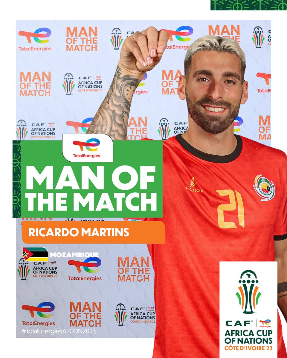 CAF_Online's tweet photo. Mozambique's Ricardo Martins is your TotalEnergies Man of the Match after a great performance. 🇲🇿 

#EGYMOZ | #TotalEnergiesAFCON2023 | @Football2Gether https://t.co/EjiMdlWem9