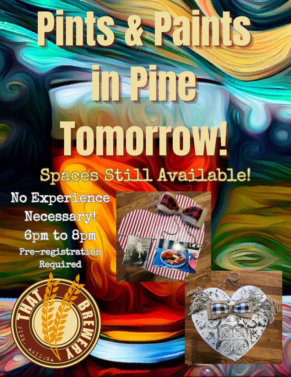There's still time to register! Come join our host Beth Chafey where we'll be decorating metal hearts. Includes supplies, 2 pints (or house wine), snacks and server tip. $45 Cash or check. Must pre-pay so stop by the Pub today!