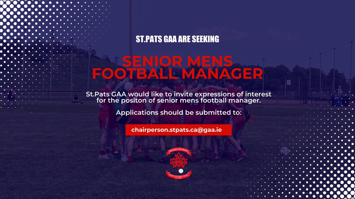 StPatsToronto's tweet photo. St.Pats GAA Senior Men’s team are seeking a manager for the upcoming season. If you are interested in learning more we would love to hear from you. Drop us a DM or email chairperson.stpats.ca@gaa.ie
#gaa #gaacoach #irishintoronto #torontogaa #canadagaa https://t.co/dergfnr7ub