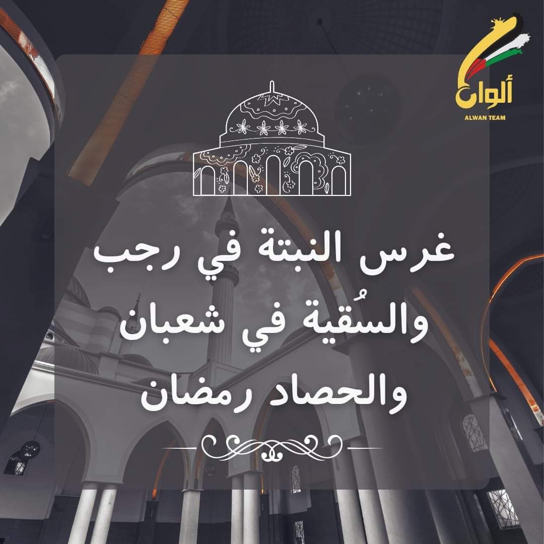 AlwanTeam2's tweet photo. شهر الخيرات وبداية للبركات شهر رجب🌱🩵
رجب شهر الزرع، وشعبان شهر السقي، ورمضان شهر الحصاد، وكل يحصد ما زرع، ويُجزى ما صنع.
صنائع المعروف بكل وجه لها تقي مصارع السوء📄

#حصالة_الخير
#Alwan_Team https://t.co/ocQ3H209Lk