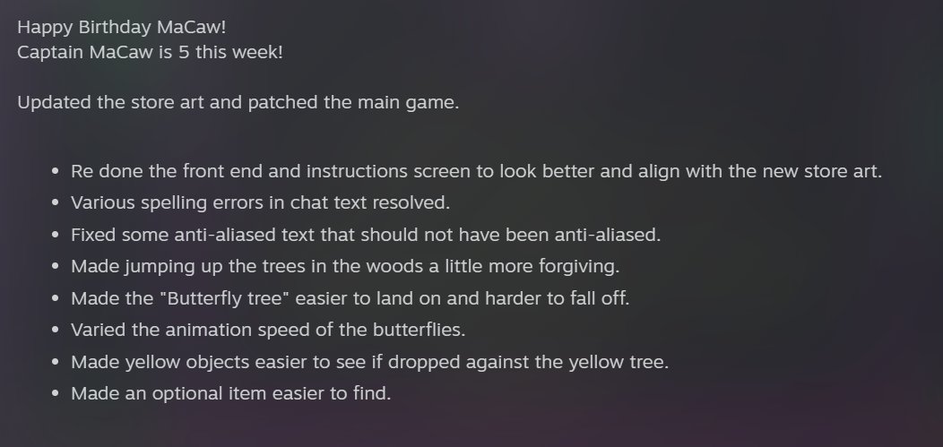 Captain MaCaw turns 5 on Wednesday.
Where does the time go!

I've re done the store art and patched the game to match, taking the opportunity to sort some niggles!

store.steampowered.com/app/946000/Cap…

#pixelartist #indiedev #gamedev #retrogames #Steam