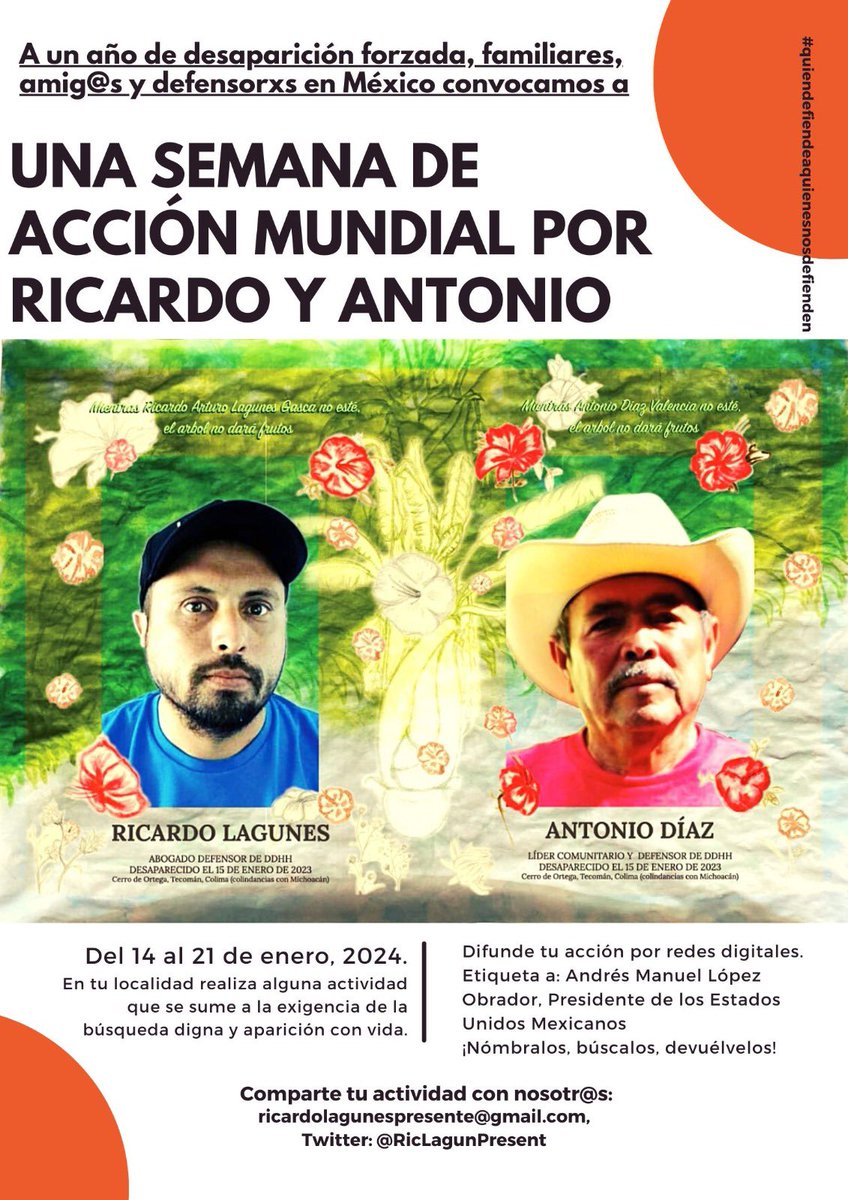 perimetralp's tweet photo. Hoy inicia una semana de acción mundial a un año de la desaparición forzada del abogado Ricardo Lagunes y el profesor defensor del territorio Antonio entre Michoacan y Colima, donde #Terminum lleva años saqueando minerales y vidas.
#TodosxRicardoyAntonio https://t.co/fRzb7eyrXK