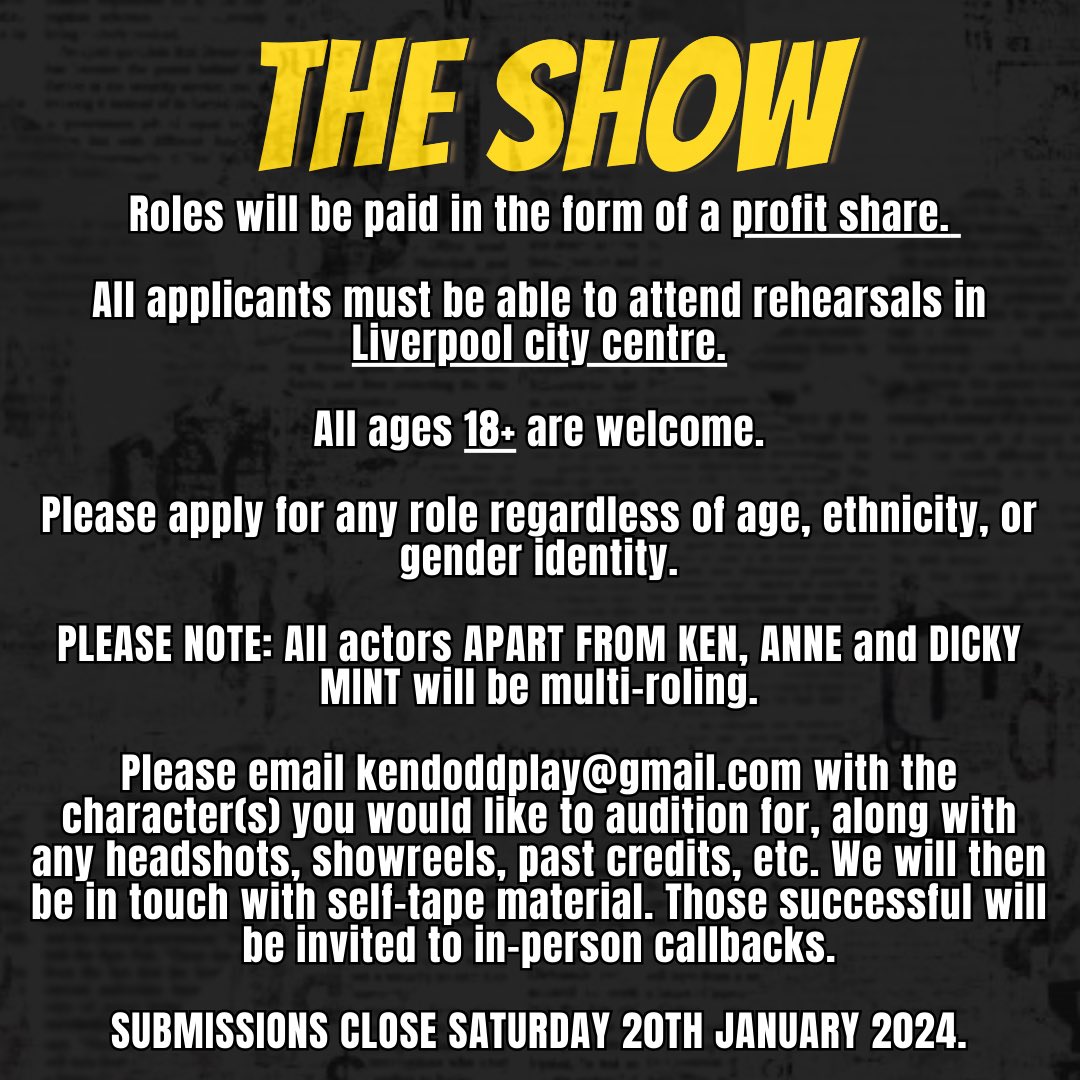 kendoddplay's tweet photo. LIVERPOOL CASTING CALL

HAPPINESS: THE KEN DODD STORY

DEADLINE: 20TH JANUARY 2024.

For any enquiries please email
kendoddplay@gmail.com

#kendodd #liverpool #theatre #auditions #castingcall #audition #liverpoolacting #uk #ukcastingcall https://t.co/fgNUqN0Cn7