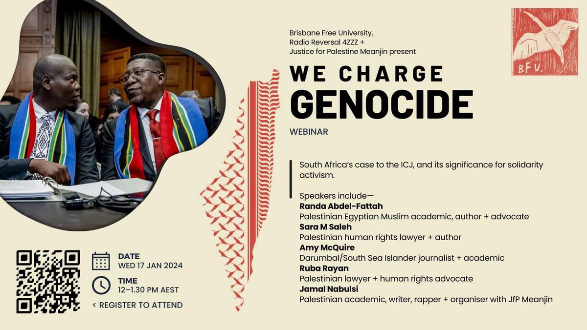 Radio Reversal 4zzz (@radioreversal) on Twitter photo this wednesday, join <a href="/BrisFreeUni/">Brisbane Free Uni</a>, <a href="/RadioReversal/">Radio Reversal 4zzz</a> + @JFPMeanjin for this extraordinary panel unpacking South Africa’s case to the ICJ charging israel w genocide, ft. <a href="/RandaAFattah/">Randa Abdel-Fattah</a> <a href="/SaraSalehTweets/">sara m. saleh | سارة صالح</a> <a href="/amymcquire/">Amy McQuire</a> <a href="/jamal_nabulsi/">Dr. Jamal Nabulsi جمال النابلسي</a> + Ruba Rayan. registration req: uqz.zoom.us/meeting/regist… this wednesday, join <a href="/BrisFreeUni/">Brisbane Free Uni</a>, <a href="/RadioReversal/">Radio Reversal 4zzz</a> + @JFPMeanjin for this extraordinary panel unpacking South Africa’s case to the ICJ charging israel w genocide, ft. <a href="/RandaAFattah/">Randa Abdel-Fattah</a> <a href="/SaraSalehTweets/">sara m. saleh | سارة صالح</a> <a href="/amymcquire/">Amy McQuire</a> <a href="/jamal_nabulsi/">Dr. Jamal Nabulsi جمال النابلسي</a> + Ruba Rayan. registration req: uqz.zoom.us/meeting/regist…