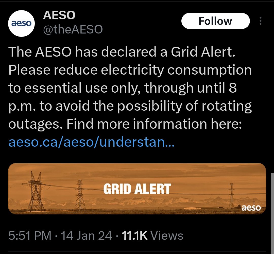 ABDanielSmith's tweet photo. I have to admit that I find it interesting our neighbours in BC &amp; Sask are able to produce enough energy meet their demands and ours during this cold snap.

It's almost like the unregulated private for-profit energy grid we have in Alberta has serious issues.

Nah, can't be that. https://t.co/mX5hdPSdze
