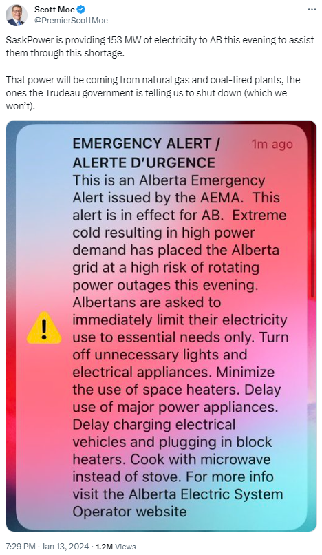 ABDanielSmith's tweet photo. I have to admit that I find it interesting our neighbours in BC &amp; Sask are able to produce enough energy meet their demands and ours during this cold snap.

It's almost like the unregulated private for-profit energy grid we have in Alberta has serious issues.

Nah, can't be that. https://t.co/mX5hdPSdze