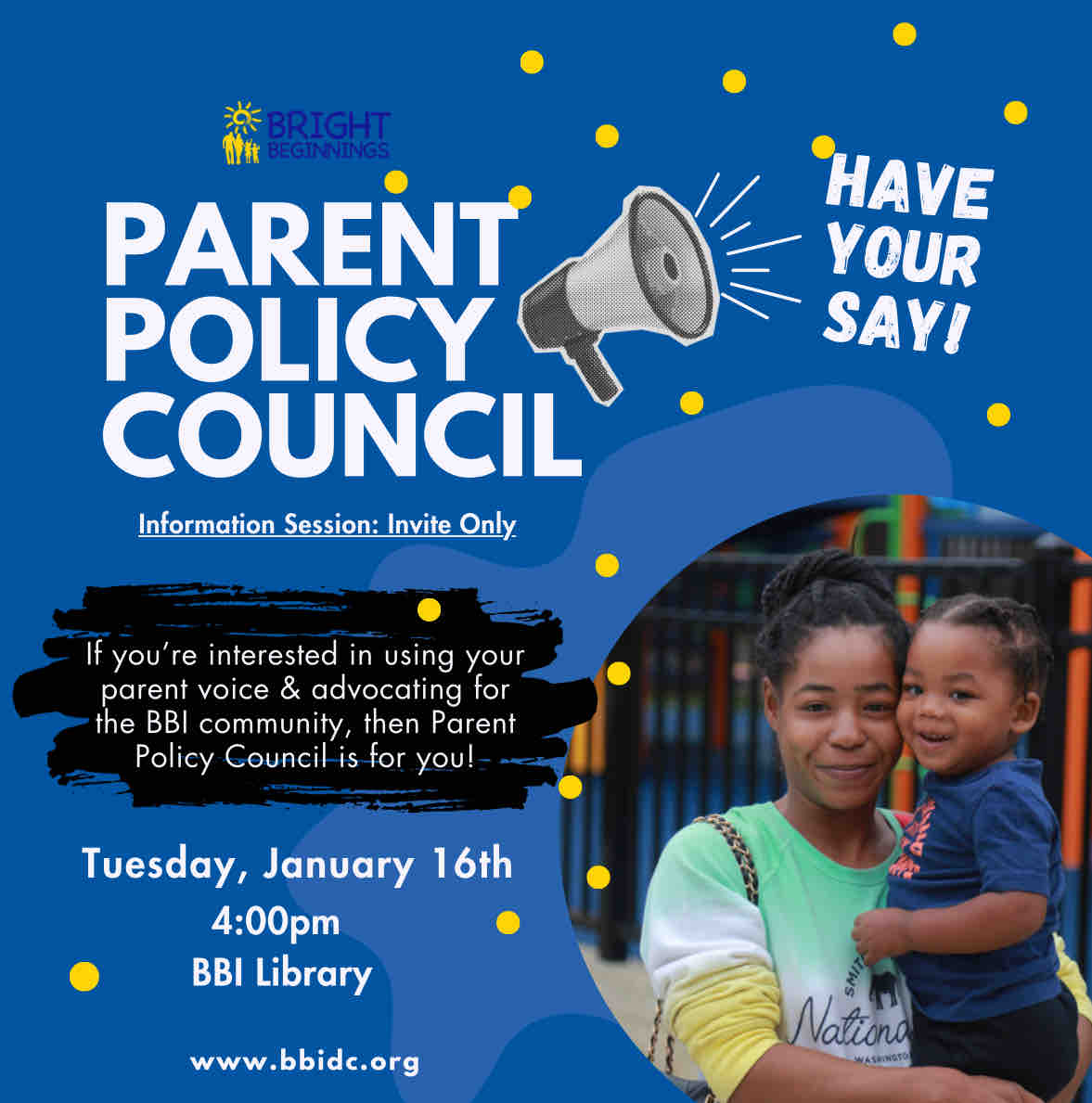 At BBI your voice matters! Join us on Tuesday, January 16th at 4:00pm and have your say at the Parents’ Policy Council (PPC). Your will help shape BBI’s programs, fostering a stronger community. 

#BBIDC #Ward8 #ParentPower  #BBICommunity