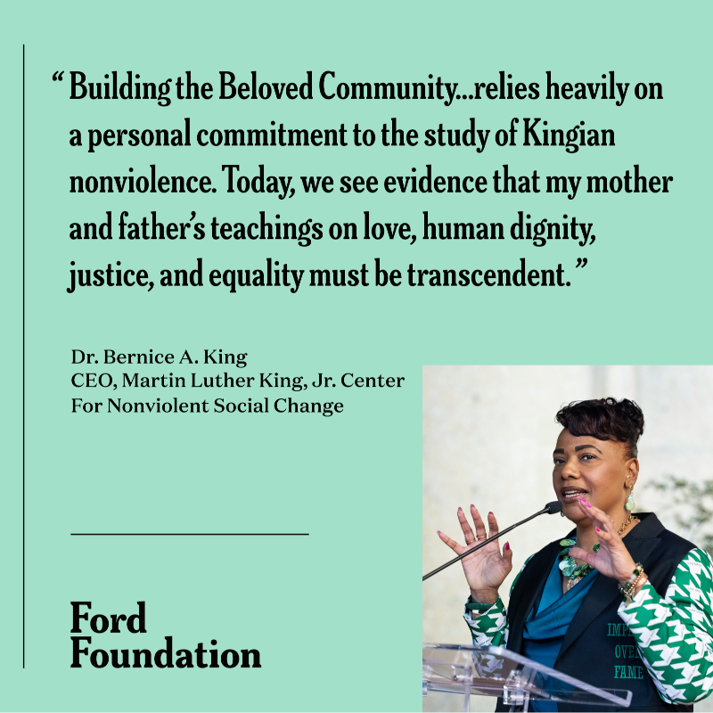 FordFoundation's tweet photo. Today, on #MLKDay, inspired by Dr. King’s vision of a fairer, more just world, join us to commit to combating inequality. Learn how @TheKingCenter is working to create what Dr. King described as the #BelovedCommunity—a just and equitable world for all.