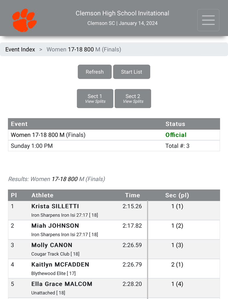 KristaSilletti's tweet photo. had a fun meet this weekend at Clemson. My teammate and I took 1st &amp; 2nd place in the 800m. Punched my 🎟️ for Nike Indoor Nationals in New York! https://t.co/tCZgBF3DZQ