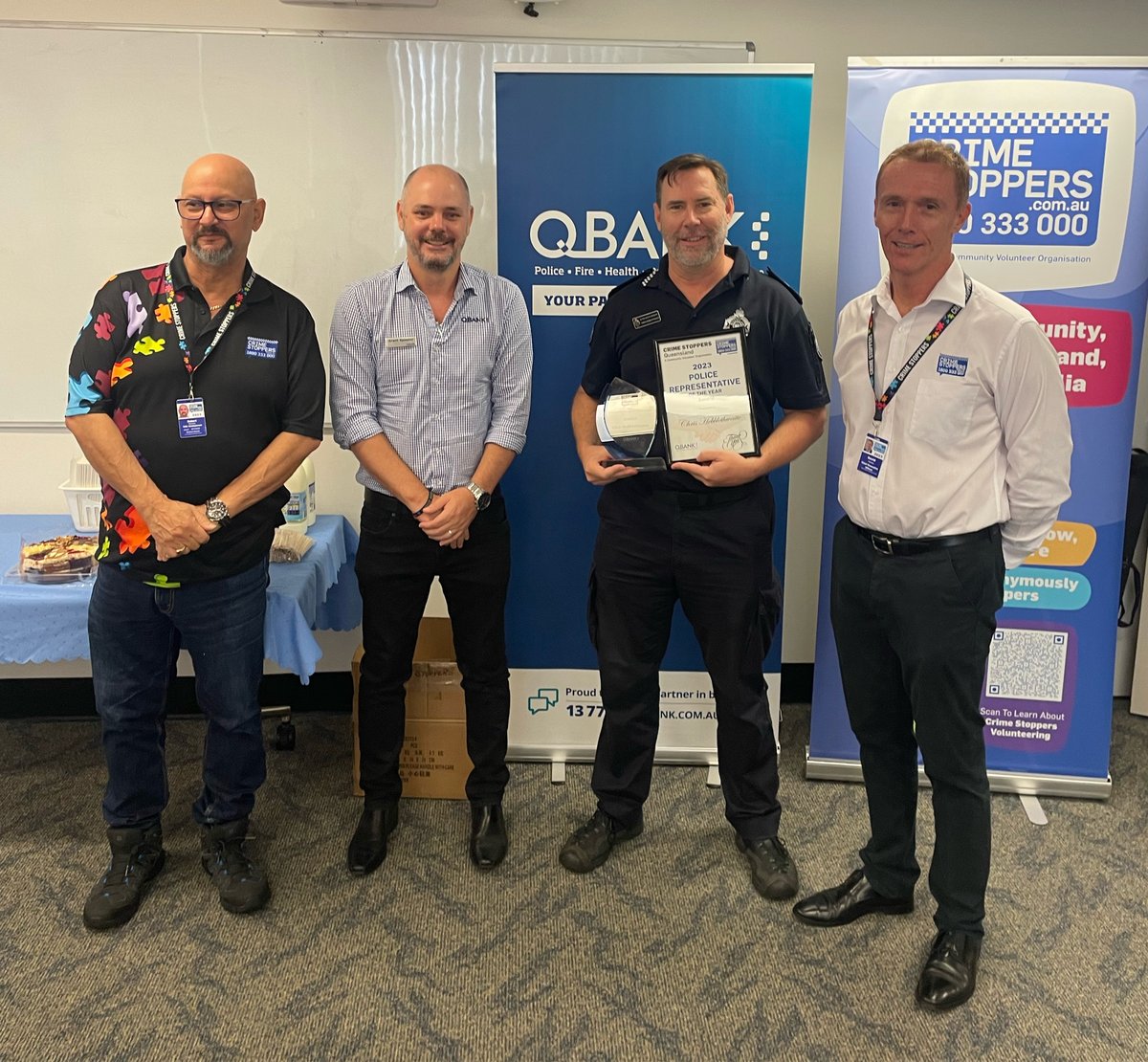 CrimeStoppersQ's tweet photo. 🚔🌟 Excellence in Service 🌟🚔
Last week we celebrated A/Snr Sgt Chris Hebblethwaite as Crime Stoppers Qld’s 2023 Police Representative of the Year! 
Congrats Chris and a BIG thanks to @qbank_au and @QldPolice for their ongoing support or our annual awards! 🎉👏 https://t.co/Fpr6VSSAbJ