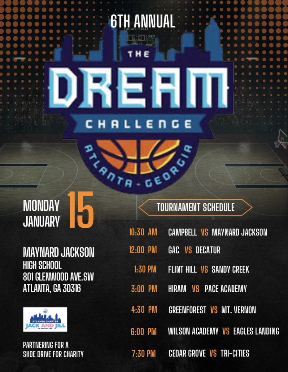 OntheRadarHoops's tweet photo. The Dream Challenge 

🗓️: Monday, January 15th
🏢: Maynard Jackson (GA)

The 6th Annual @atlDream22 will showcase many of Georgia's top teams. https://t.co/8weinuDbi9