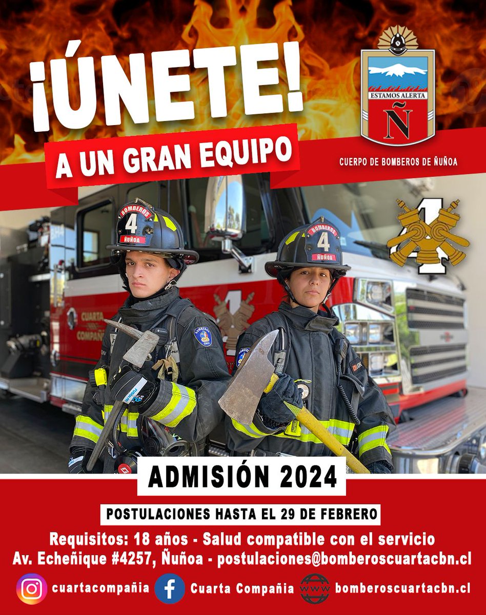 ¡Tenemos una gran noticia!

🚒 Hemos iniciado el proceso de admisión 2024. 

📅 Si tienes interés en participar te invitamos a postular al proceso hasta el 29 de febrero de 2024

forms.gle/kLiDe3SFqrmk2m…

📩 ¿Dudas?

Escríbenos a postulaciones@bomberoscuartacbn.cl