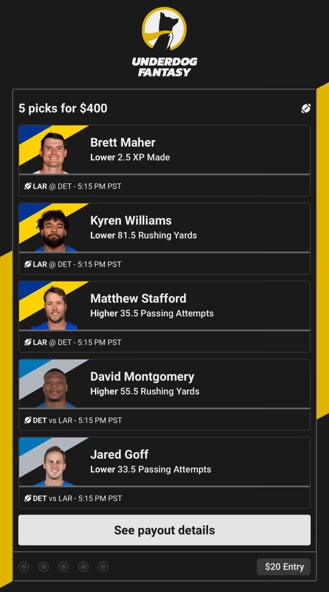 OxJuiced's tweet image. Underdog Rams/Lions Slip - $400 Giveaway🎁

If this slip goes 5/5, I'll giveaway ALL of the profits💰

How to enter👇

1️⃣RT + ❤️
2⃣ Comment below who you think will win: Lions or Rams

Get access to all of our bets here: whop.com/juiced-bets-vip