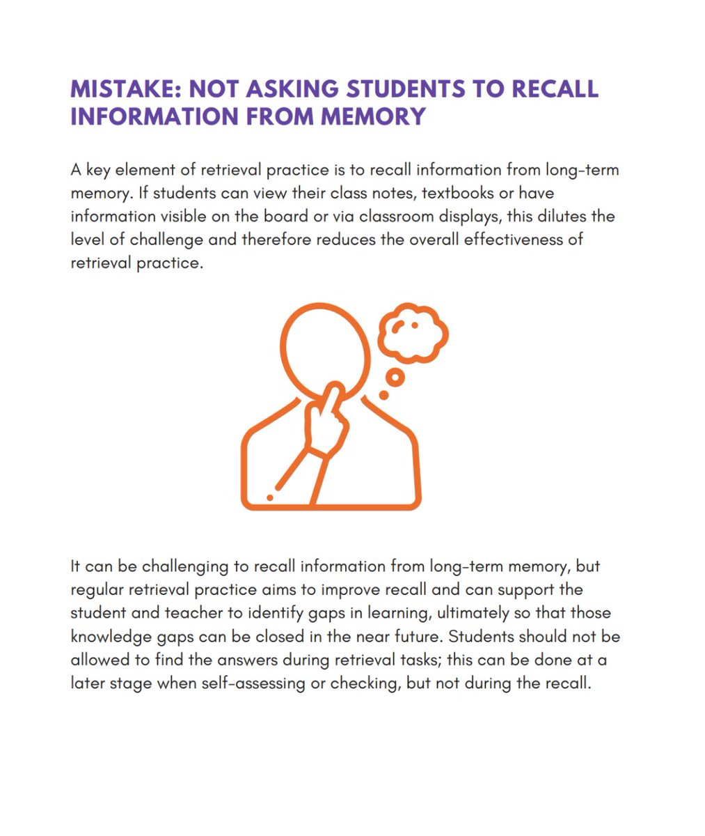 One mistake in retrieval practice is compromising the technique by having students ex: review their notes together rather than quizzing each other closed book. Another is not asking ALL Ss to retrieve but only ones you call on. Helpful guide by <a href="/KateJones_teach/">Kate Jones</a> (🔗 in next tweet)