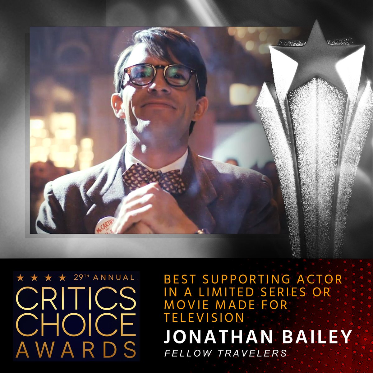 Congratulations to Jonathan Bailey, winner of the #CriticsChoice Award for BEST SUPPORTING ACTOR IN A LIMITED SERIES OR MOVIE MADE FOR TELEVISION for “Fellow Travelers”⭐️ #CriticsChoiceAwards #FellowTravelers