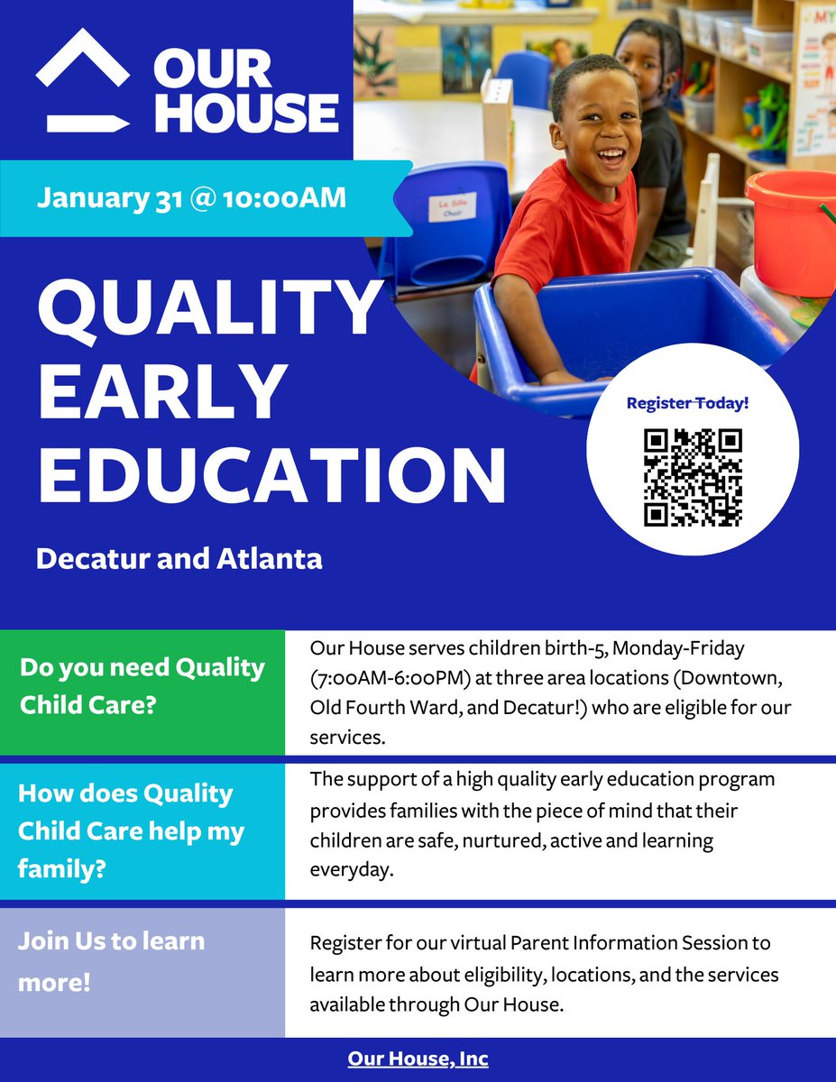 Join us on January 31st at 10am for our Virtual Parent Information Session to learn more about our quality childcare programs for children ages birth to 5 years at three Atlanta area locations. Interested in learning more? Register here 👉 loom.ly/SXVl2xU