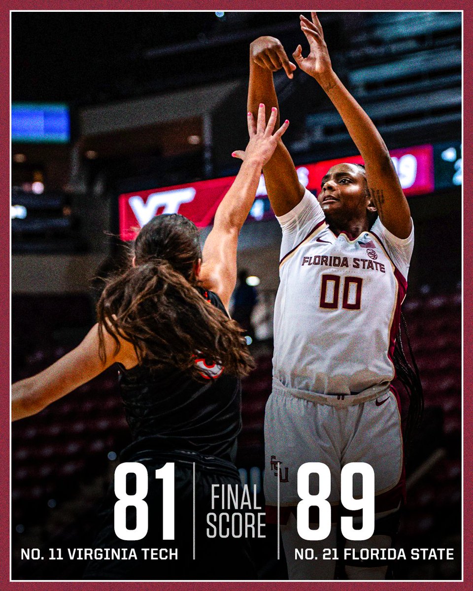 accnetwork's tweet photo. NO. 21 FSU HOLDS OFF NO. 11 VIRGINIA TECH‼️

Make that back-to-back ranked wins for @fsuwbb for the first time since 2019. https://t.co/ezLIiR2ofp