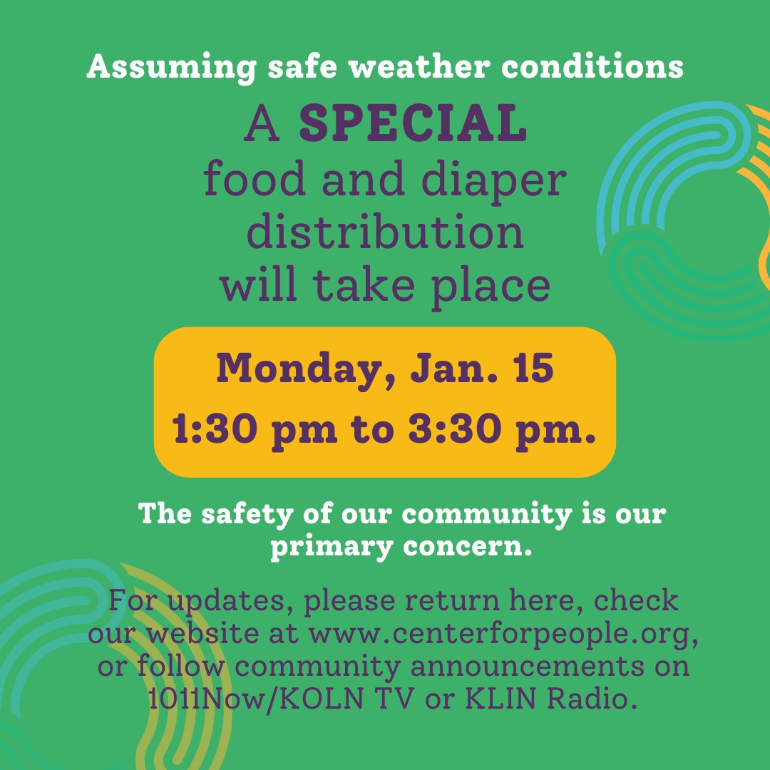 The Center for People will have a SPECIAL food and diaper distribution on MLK Day, Monday, Jan. 15, from 1:30 pm to 3:30 pm. For updates, return here, go to centerforpeople.org, or follow TV and radio. Be safe and warm! #CenterforPeople #HazardousWeather #SpecialDistribution