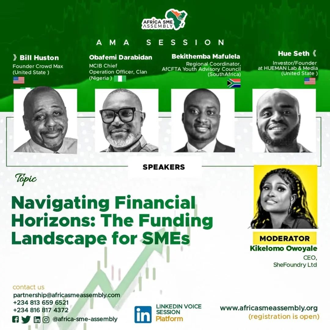Thrilled to join the #AfricaSMEAssembly AMA!  Join me &amp; experts as we navigate the financial landscape for African SMEs. Unlock funding, master growth strategies, &amp; make valuable connections!  Don't miss out: lnkd.in/drYhHcra #SMEs #Africa #SMEFinance #FundingSolutions