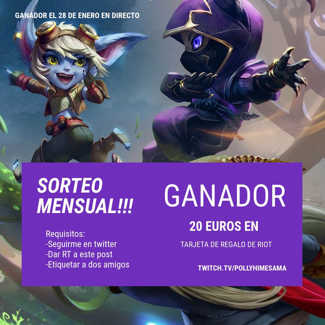 💰SORTEO DE ENERO 💰 

Fecha: 28 de enero  
Premio: Tarjeta de regalo de 20€ de RIOT Games (cualquier servidor)

Requisitos:       
- Sigueme en <a href="/princesapolly22/">Polly</a>
- Dar Retwitt a esta publicacion  
- Etiquetar a dos amigos  

#SORTEO #twitch #Giveaway #leagueoflegends
