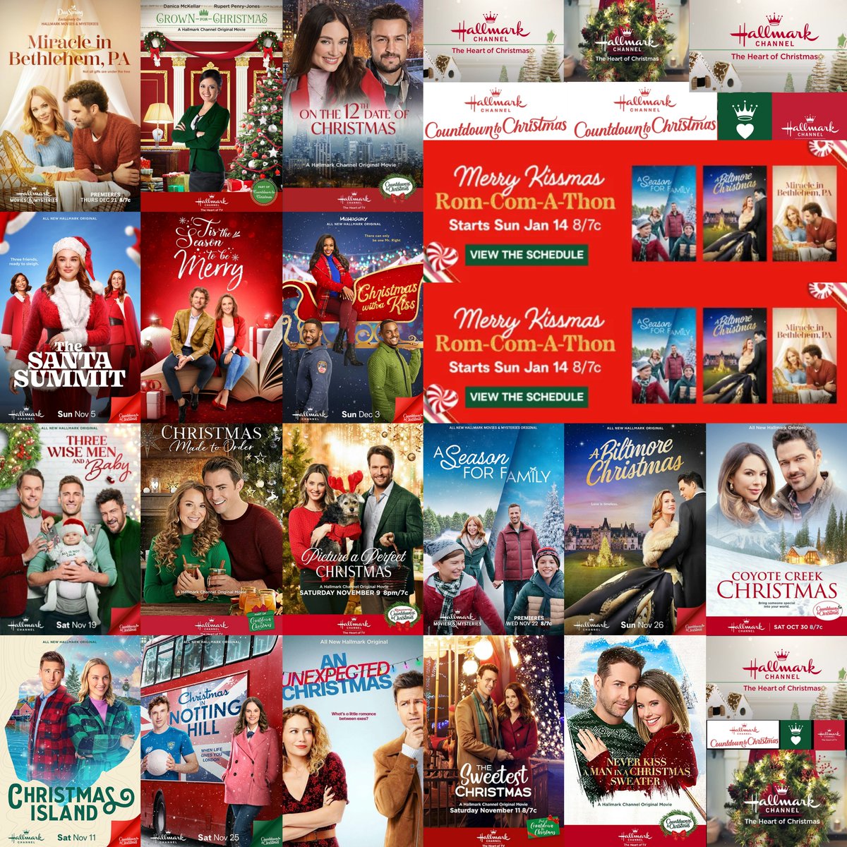 Beginning tonight Hallmark Channel is having a 'Merry Kissmas Rom-Con-A-Thon' playing 17 of our favorite Hallmark Christmas movies straight in a row starting Sunday night & going through early Tuesday morning! 🎄🎅🌟❤💚 I've added the schedule in 2nd picture/post down below 🌠