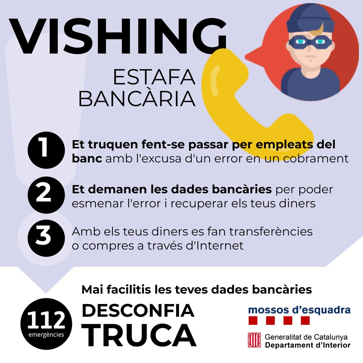 mossos's tweet image. ⚠️ Suplanten el teu banc i et truquen per solucionar un problema amb la targeta o el compte i et demanen un codi que reps al mòbil

És un cas de vishing, volen robar-te els diners

#StopEstafes @ciberseguracat
