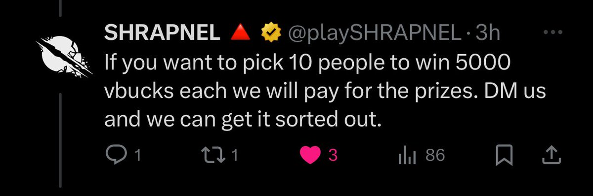 marcellovtv's tweet photo. Thanks everyone for tuning into our #SHRAPNITE Stream 💥
@playSHRAPNEL is feeling generous and giving away 5000 Vbucks to 10 people!! 🎁
If you want to win, check the post below 👇 https://t.co/jJhOFpeJLi